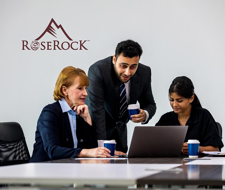 people in meeting with RoseRock Logo