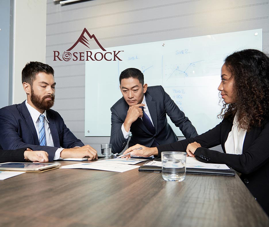 Business meeting with RoseRock Logo